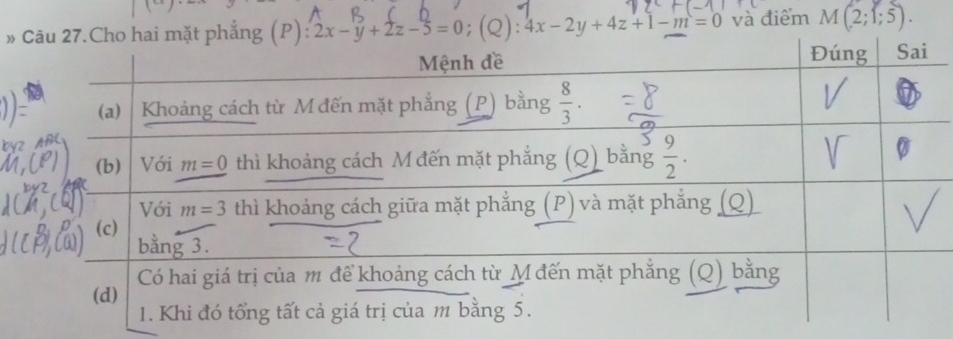 » ):2x-y+2z-5=0; (Q) :4x-2y+4z+1-m=0 và điểm M(2;1;5).