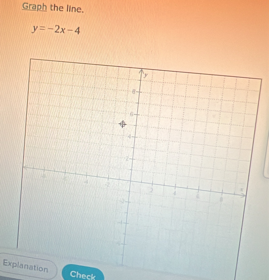 Graph the line.
y=-2x-4
Explanation 
Check