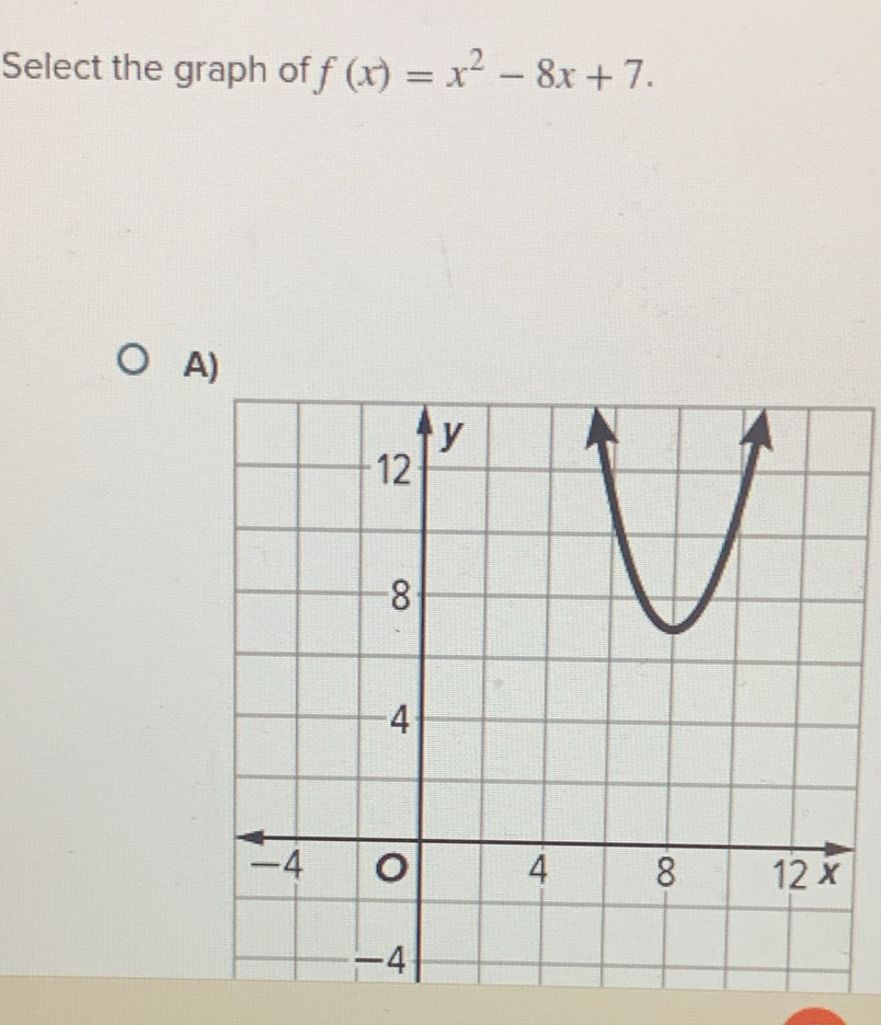 Select the graph of f(x)=x^2-8x+7. 
A)