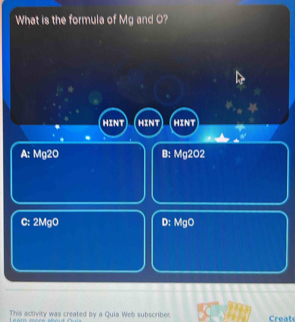 Solved: What is the formula of Mg and O? HINT HINT HINT A: Mg2O B ...