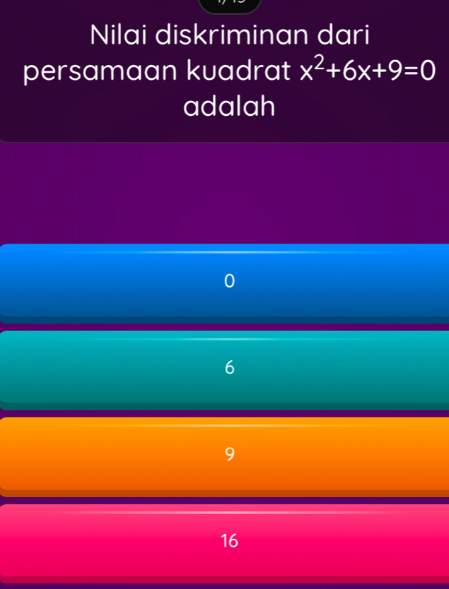 Nilai diskriminan dari
persamaan kuadrat x^2+6x+9=0
adalah
6
9
16