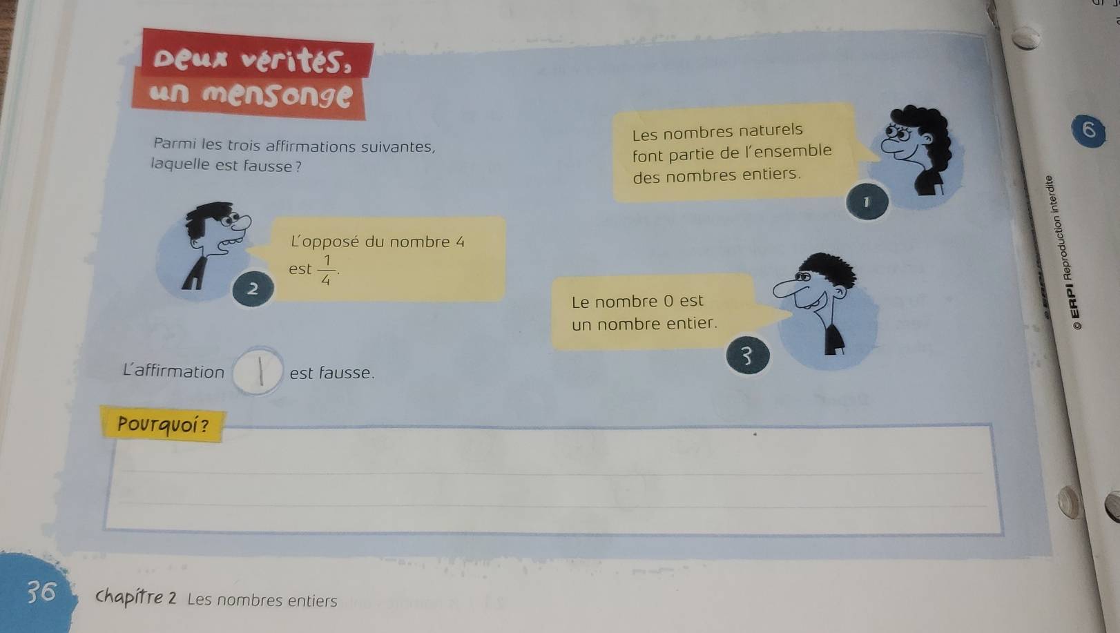 Deux vérités,
un mensonge
Les nombres naturels
6
Parmi les trois affirmations suivantes
laquelle est fausse ?
font partie de l'ensemble
des nombres entiers.
1
L'opposé du nombre 4
est  1/4 .
A 2
Le nombre 0 est
un nombre entier.
B
Laffirmation  est fausse.
Pourquoí?
_
_
36 chapifre 2 Les nombres entiers