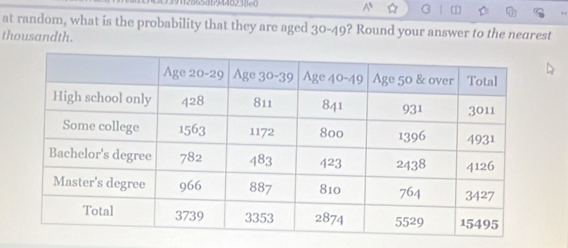 12865db9440238 c0 A^6 C 
at random, what is the probability that they are aged 30-49? Round your answer to the nearest 
thousandth.