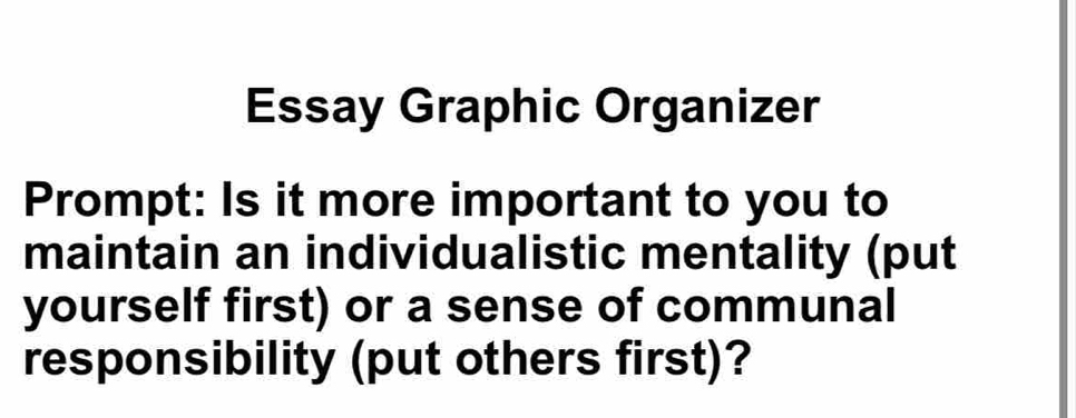 Essay Graphic Organizer 
Prompt: Is it more important to you to 
maintain an individualistic mentality (put 
yourself first) or a sense of communal 
responsibility (put others first)?