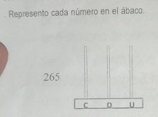 Represento cada número en el ábaco.
265
C D U