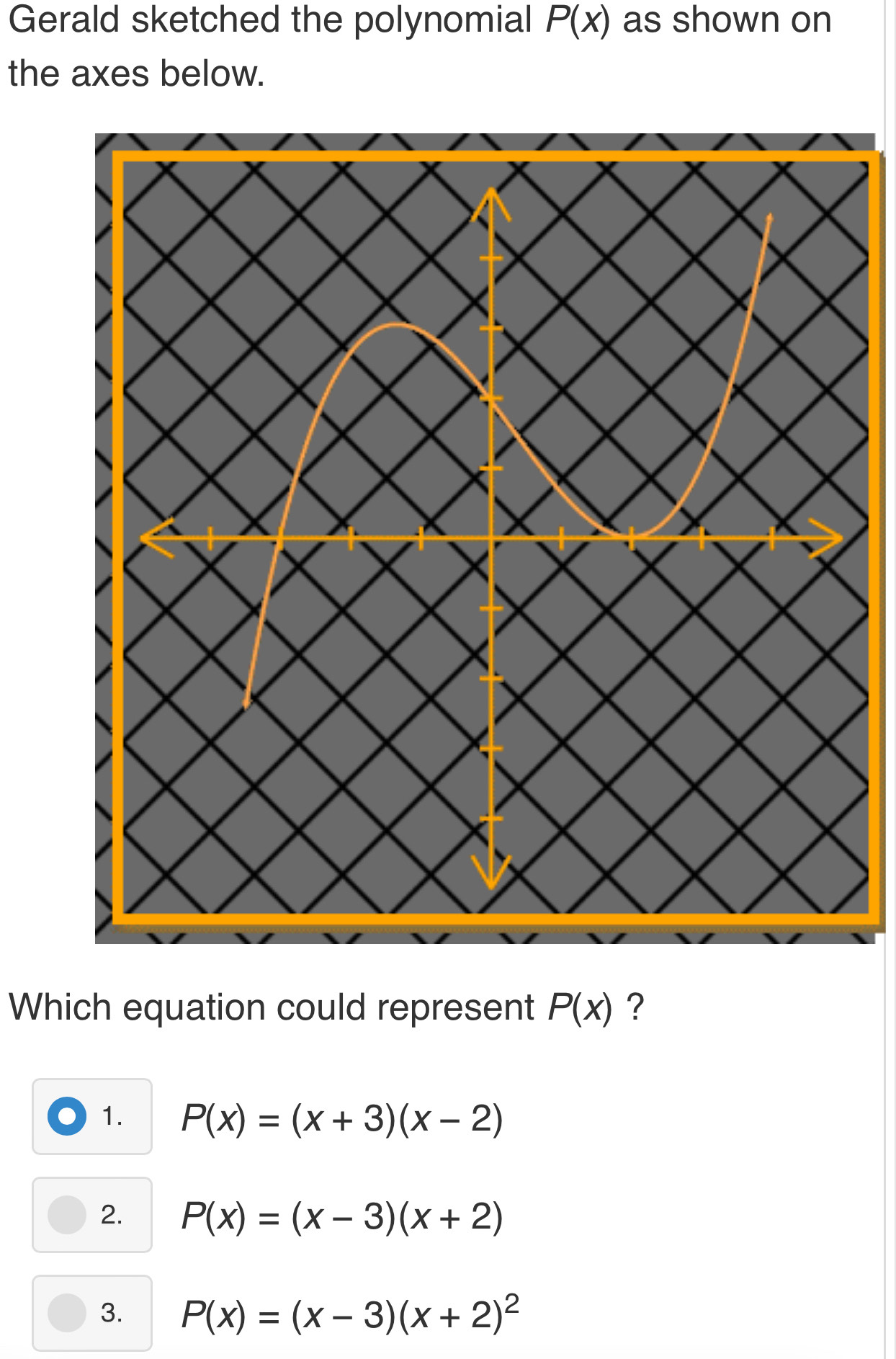 Gerald sketched the polynomial P(x) as shown on
the axes below.
Which equation could represent P(x) ?
1. P(x)=(x+3)(x-2)
2. P(x)=(x-3)(x+2)
3. P(x)=(x-3)(x+2)^2