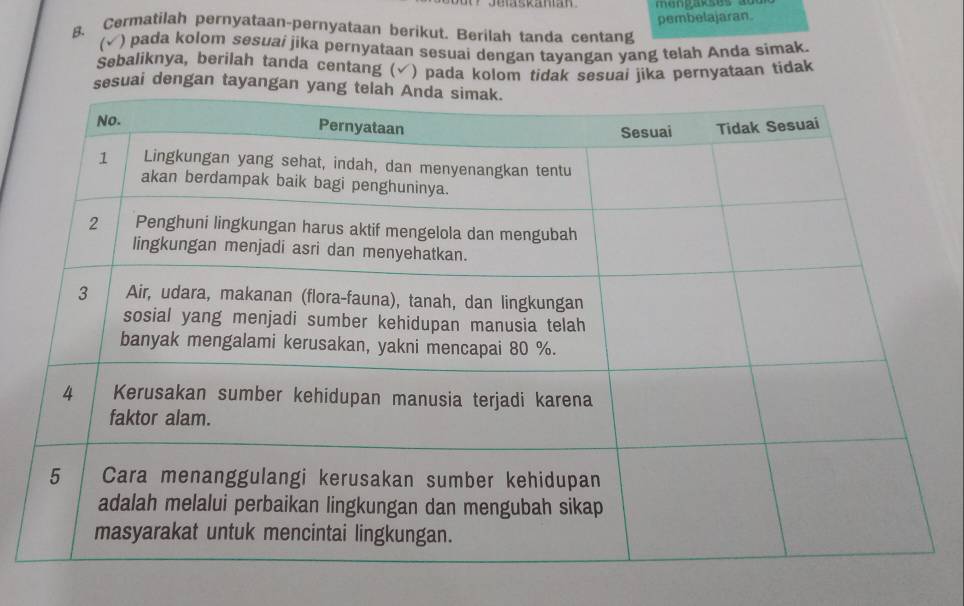 pembelajaran. 
8. Cermatilah pernyataan-pernyataan berikut. Berilah tanda centang 
(√) pada kolom sesuai jika pernyataan sesuai dengan tayangan yang telah Anda simak. 
Sebaliknya, berilah tanda centang (√) pada kolom tidak sesuai jika pernyataan tidak 
sesuai dengan tayangan