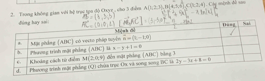 Trong không gian với hệ trục tọa độ Oxyz , cho 3 điểm A(1;2;3),B(4;5;6),C(1;2;4) Các mệnh đề sau