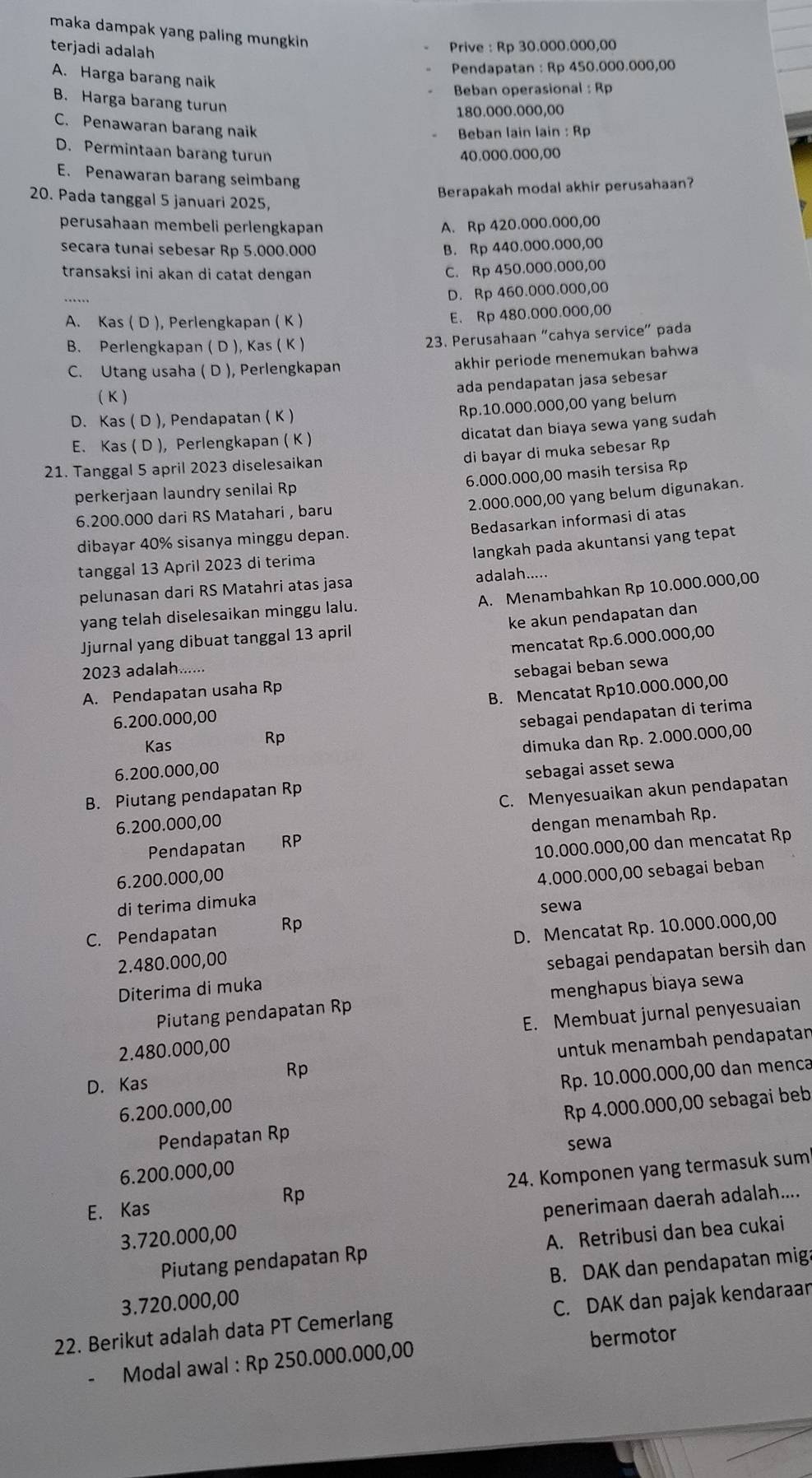 maka dampak yang paling mungkin
terjadi adalah
Prive : Rp 30.000.000,00
Pendapatan : Rp 450.000.000,00
A. Harga barang naik
Beban operasional : Rp
B. Harga barang turun
180.000.000,00
C. Penawaran barang naik
Beban lain lain : Rp
D. Permintaan barang turun 40.000.000,00
E. Penawaran barang seimbang
Berapakah modal akhir perusahaan?
20. Pada tanggal 5 januari 2025,
perusahaan membeli perlengkapan A. Rp 420.000.000,00
secara tunai sebesar Rp 5.000.000 B. Rp 440.000.000,00
transaksi ini akan di catat dengan
C. Rp 450.000.000,00
D. Rp 460.000.000,00
A. Kas ( D ), Perlengkapan ( K )
E. Rp 480.000.000,00
B. Perlengkapan ( D ), Kas ( K )
23. Perusahaan “cahya service” pada
C. Utang usaha ( D ), Perlengkapan
akhir periode menemukan bahwa
ada pendapatan jasa sebesar
( K )
D. Kas ( D ), Pendapatan ( K )
Rp.10.000.000,00 yang belum
dicatat dan biaya sewa yang sudah
E. Kas ( D ), Perlengkapan ( K )
di bayar di muka sebesar Rp
21. Tanggal 5 april 2023 diselesaikan
6.000.000,00 masih tersisa Rp
perkerjaan laundry senilai Rp
2.000.000,00 yang belum digunakan.
6.200.000 dari RS Matahari , baru
Bedasarkan informasi di atas
dibayar 40% sisanya minggu depan.
langkah pada akuntansi yang tepat
tanggal 13 April 2023 di terima
pelunasan dari RS Matahri atas jasa adalah.....
yang telah diselesaikan minggu lalu. A. Menambahkan Rp 10.000.000,00
Jjurnal yang dibuat tanggal 13 april ke akun pendapatan dan
mencatat Rp.6.000.000,00
2023 adalah......
A. Pendapatan usaha Rp sebagai beban sewa
6.200.000,00 B. Mencatat Rp10.000.000,00
sebagai pendapatan di terima
Kas
Rp
6.200.000,00 dimuka dan Rp. 2.000.000,00
B. Piutang pendapatan Rp sebagai asset sewa
6.200.000,00 C. Menyesuaikan akun pendapatan
Pendapatan RP dengan menambah Rp.
6.200.000,00 10.000.000,00 dan mencatat Rp
4.000.000,00 sebagai beban
di terima dimuka
sewa
C. Pendapatan Rp
2.480.000,00 D. Mencatat Rp. 10.000.000,00
Diterima di muka sebagai pendapatan bersih dan
Piutang pendapatan Rp menghapus biaya sewa
E. Membuat jurnal penyesuaian
2.480.000,00
Rp untuk menambah pendapatan
D. Kas
6.200.000,00 Rp. 10.000.000,00 dan menca
Pendapatan Rp Rp 4.000.000,00 sebagai beb
sewa
6.200.000,00
E. Kas 24. Komponen yang termasuk sum
Rp
3.720.000,00 penerimaan daerah adalah....
Piutang pendapatan Rp A. Retribusi dan bea cukai
3.720.000,00 B. DAK dan pendapatan miga
22. Berikut adalah data PT Cemerlang C. DAK dan pajak kendaraan
Modal awal : Rp 250.000.000,00 bermotor