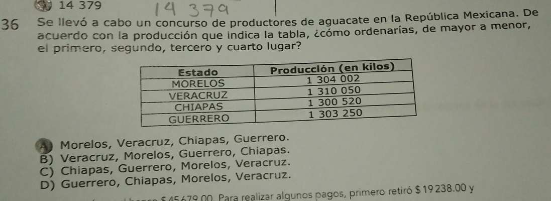 14 379
36 Se llevó a cabo un concurso de productores de aguacate en la República Mexicana. De
acuerdo con la producción que indica la tabla, ¿cómo ordenarías, de mayor a menor,
el primero, segundo, tercero y cuarto lugar?
4 Morelos, Veracruz, Chiapas, Guerrero.
B) Veracruz, Morelos, Guerrero, Chiapas.
C) Chiapas, Guerrero, Morelos, Veracruz.
D) Guerrero, Chiapas, Morelos, Veracruz.
$ 45679 00. Para realizar algunos pagos, primero retiró $ 19 238.00 y