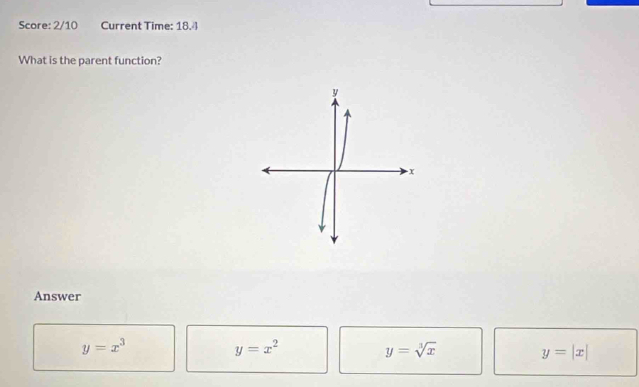 Score: 2/10 Current Time: 18.4
What is the parent function?
Answer
y=x^3
y=x^2
y=sqrt[3](x)
y=|x|