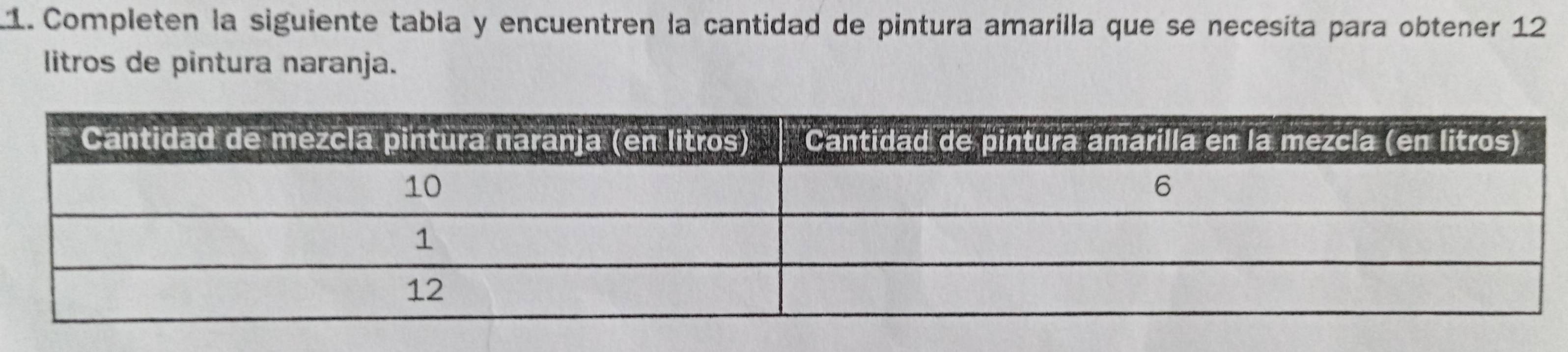 Completen la siguiente tabla y encuentren la cantidad de pintura amarilla que se necesíta para obtener 12
litros de pintura naranja.