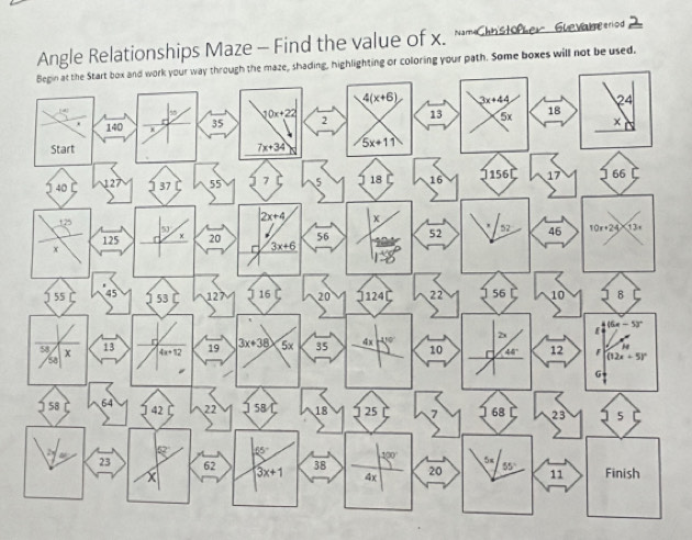 Angle Relationships Maze - Find the value of x. " Cnstofer. Guevarre riod 
or coloring your path. Some boxes will not be used.