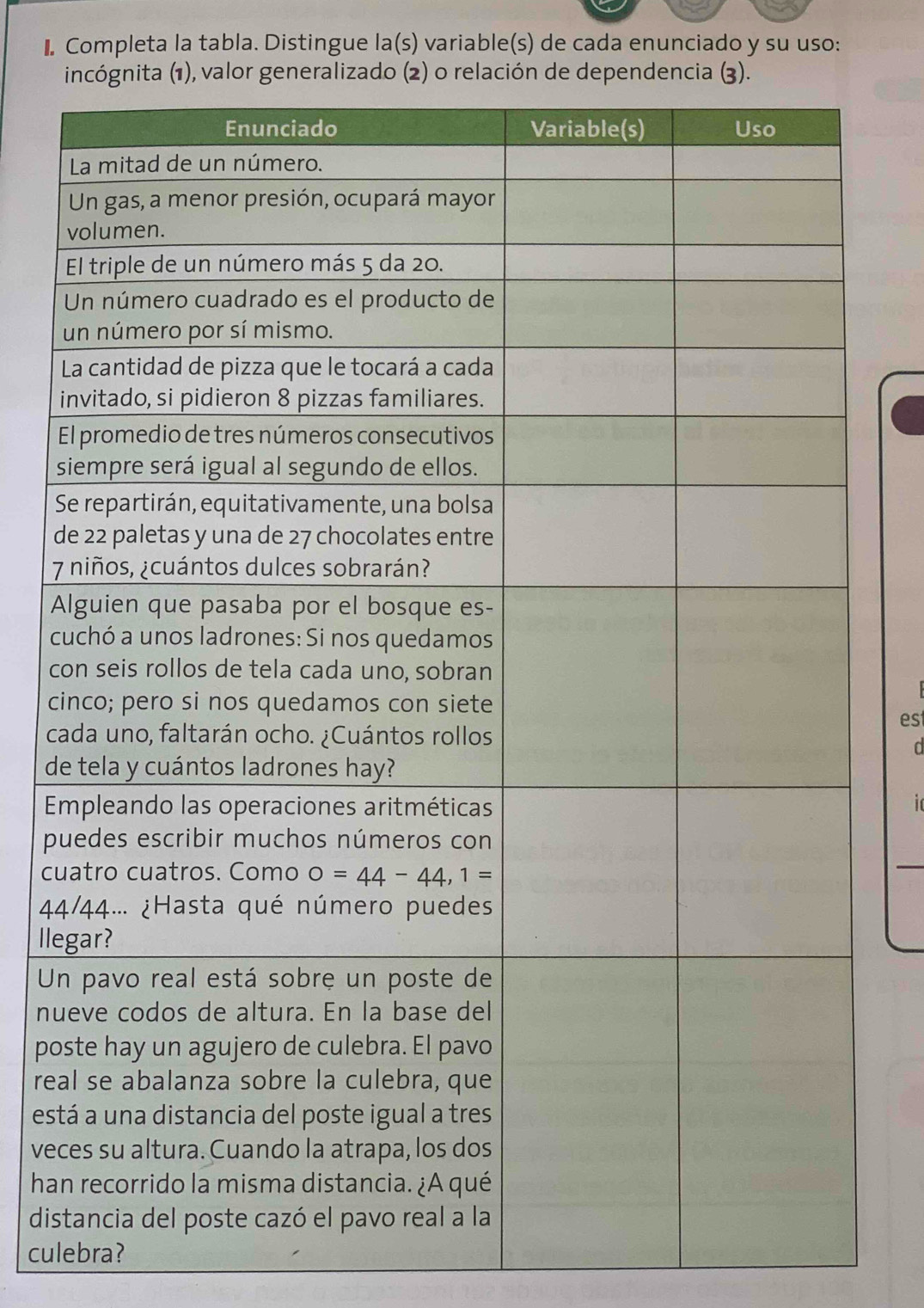 Completa la tabla. Distingue la(s) variable(s) de cada enunciado y su uso:
s
S
d
7
A
c
c
ci
est
c
d
 
p
cu
_
4
lle
U
nu
po
rea
es
vec
ha
dis
culebra?