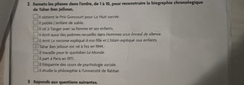 Remets les phases dans l'ordre, de 1 à 10, pour reconstruire la biographie chronologique
de Tahar Ben Jelloun.
Il olstient le Prix Goncourt pour La Nuit sacrée.
Il publie L'enfant de sable.
vit à Tanger avec sa femme et ses enfants.
Il écrit aussi des poèmes recueillis dans Hommes sous linceul de silence.
Il écrit Le racisme expliqué à ma fille et L'Islam expliqué aux enfants.
Tahar Ben Jelloun est né à Fez en 1944.
ill travalle pour le quotidien Le Monde.
Il part à Paris en 1971.
Il fréquente des cours de psychologie sociale.
Il étudie la philosophie à l'Université de Rabbat.
3 Réponds aux questions suivantes.