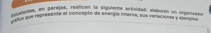 Estudiantes, en parejas, realicen la siguiente actividad: elaboren un organizado 
gráfico que represente el concepto de energía interna, sus variaciones y ejemplos