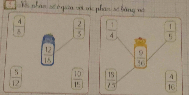 Nới phân số ở giữa với các phan số bằng nó
( 4/8 )
 2/3 ]
 12/18 
( 8/12 )
 10/15 ]