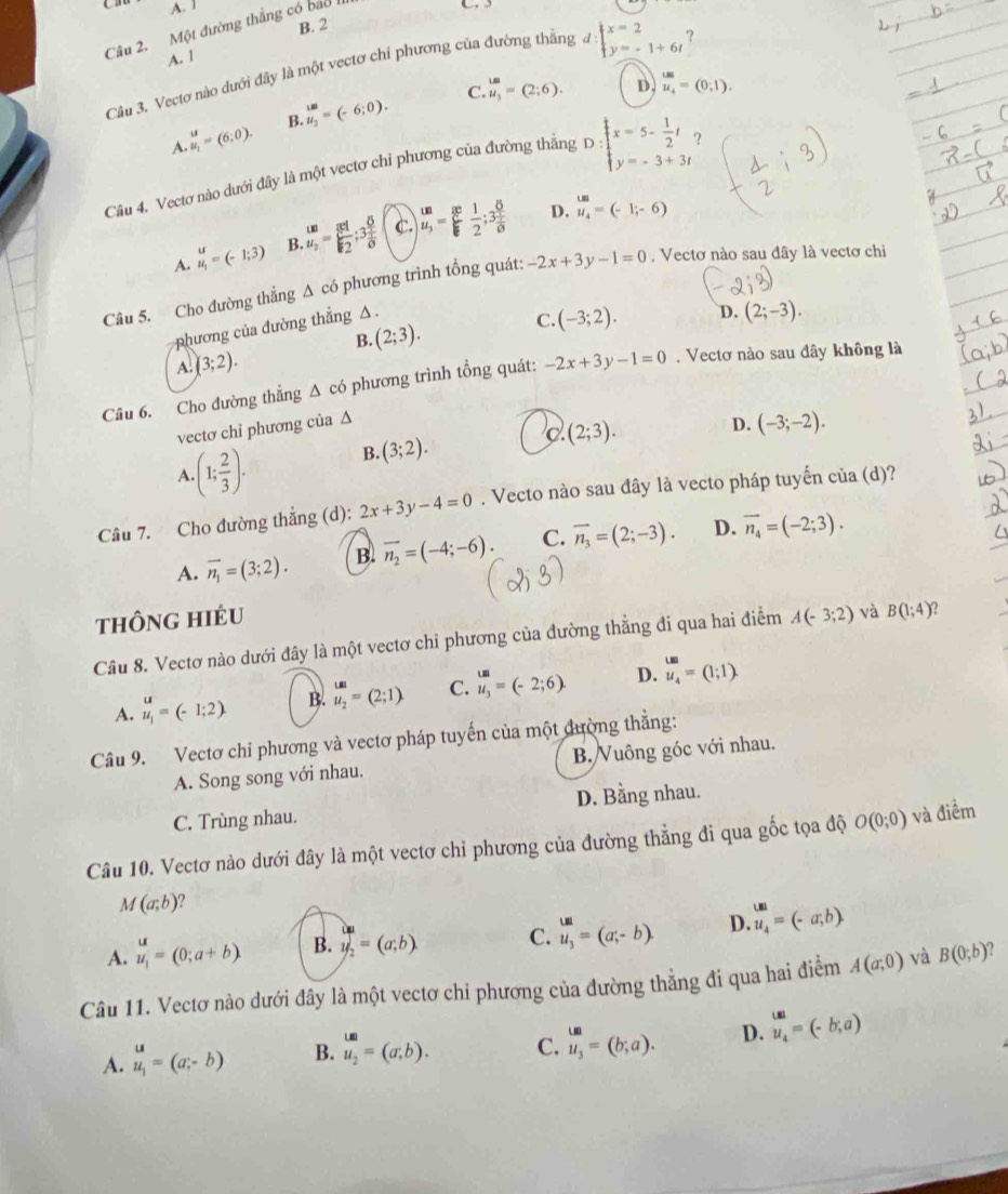 A. 1
C.3
B. 2
Câu 2. Một đường thắng có bao 1
A. 1
Câu 3. Vectơ nào dưới đây là một vectơ chỉ phương của đường thắng d:beginarrayl x=2 y=-1+6tendarray. ?
C. beginarrayr un u_3endarray =(2;6). D beginarrayr um u_4endarray =(0;1).
A. beginarrayr u uendarray =(6;0). B. beginarrayr um u_2endarray =(-6;0).
Câu 4. Vectơ nào dưới đây là một vectơ chỉ phương của đường thắng D:beginarrayl x=5- 1/2 t, y=-3+3tendarray.
D.
A. beginarrayr u u_1endarray =(-1;3) B. beginarrayr w u_2endarray =frac 816frac 8frac 1 C. beginarrayr un u,=frac endarray = x/6  1/2 ;3 5/6  beginarrayr omega .omega _4 u_4)endarray =(-1;-6)
Câu 5. Cho đường thẳng Δ có phương trình tổng quát: -2x+3y-1=0 , Vectơ nào sau đây là vectơ chi
B. (2;3). C. (-3;2). D. (2;-3).
phương của đường thẳng △.
A. (3;2).
Câu 6. Cho đường thẳng Δ có phương trình tổng quát: -2x+3y-1=0. Vectơ nào sau đây không là
vectơ chỉ phương của ∆
C (2;3).
D. (-3;-2).
A (1; 2/3 ). B. (3;2).
Câu 7. Cho đường thẳng (d): 2x+3y-4=0. Vecto nào sau đây là vecto pháp tuyến của (d)?
A. overline n_1=(3;2). B. overline n_2=(-4;-6). C. vector n_3=(2;-3). D. overline n_4=(-2;3).
thÔng hIéU A(-3;2) và B(1;4)
Câu 8. Vectơ nào dưới đây là một vectơ chỉ phương của đường thẳng đi qua hai điễm
A. u_1=(-1;2) B. beginarrayr un u_2endarray =(2;1). C. beginarrayr un u_3endarray =(-2;6). D. beginarrayr um u_4endarray =(1;1).
Câu 9. Vectơ chi phương và vectơ pháp tuyến của một đường thẳng:
A. Song song với nhau. B. Vuông góc với nhau.
C. Trùng nhau. D. Bằng nhau.
Câu 10. Vectơ nào dưới đây là một vectơ chỉ phương của đường thẳng đi qua gốc tọa độ O(0;0) và điểm
M(a;b) ?
A. u_1=(0;a+b). B. y_2=(a;b). C. beginarrayr w u_3endarray =(a;-b). D. _un u_4endarray =(-a,b).
Câu 11. Vectơ nào dưới đây là một vectơ chỉ phương của đường thẳng đi qua hai điểm A(a;0) và B(0;b)
A. u_1=(a;-b) B. u_2=(a;b). C. u_3=(b;a). D. u_4^u=(-b;a)