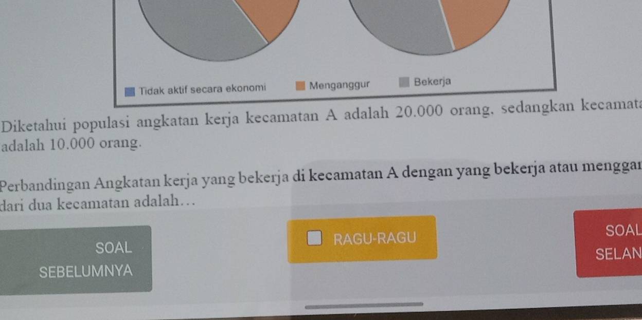 Tidak aktif secara ekonomi Menganggur Bekerja 
Diketahui populasi angkatan kerja kecamatan A adalah 20.000 orang, sedangkan kecamata 
adalah 10.000 orang. 
Perbandingan Angkatan kerja yang bekerja di kecamatan A dengan yang bekerja atau menggan 
dari dua keçamatan adalah… 
RAGU-RAGU SOAL 
SOAL 
SELAN 
SEBELUMNYA