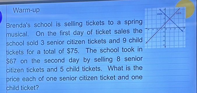 Warm-up 
Brenda's school is selling tickets to a spring 
musical. On the first day of ticket sales the 
school sold 3 senior citizen tickets and 9 child 
tickets for a total of $75. The school took in
$67 on the second day by selling 8 senior 
citizen tickets and 5 child tickets. What is the 
price each of one senior citizen ticket and one 
child ticket?