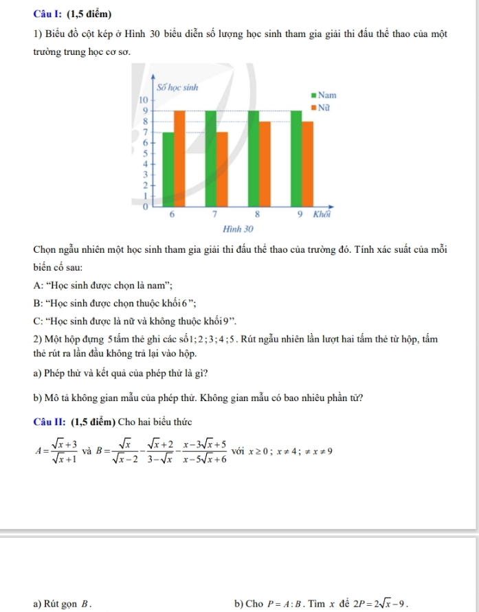 (1,5 điểm)
1) Biểu đồ cột kép ở Hình 30 biểu diễn số lượng học sinh tham gia giải thi đấu thể thao của một
trường trung học cơ sơ.
Chọn ngẫu nhiên một học sinh tham gia giải thi đấu thể thao của trường đó. Tính xác suất của mỗi
biến cố sau:
A: “Học sinh được chọn là nam”;
B: “Học sinh được chọn thuộc khối 6 ”;
C: “Học sinh được là nữ và không thuộc khối 9 ”.
2) Một hộp đựng 5 tấm thẻ ghi các số1; 2; 3; 4;: 5. Rút ngẫu nhiên lần lượt hai tấm thẻ từ hộp, tấm
x=2
the rút ra lần đầu không trả lại vào hộp.
a) Phép thử và kết quả của phép thử là gì?
b) Mô tả không gian mẫu của phép thữ. Không gian mẫu có bao nhiêu phần từ?
Câu II: (1,5 điểm) Cho hai biểu thức
A= (sqrt(x)+3)/sqrt(x)+1  và B= sqrt(x)/sqrt(x)-2 - (sqrt(x)+2)/3-sqrt(x) - (x-3sqrt(x)+5)/x-5sqrt(x)+6  với x≥ 0; x!= 4; != x!= 9
a) Rút gọn B . b) Cho P=A:B. Tìm x đề 2P=2sqrt(x)-9.