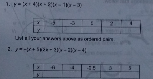 y=(x+4)(x+2)(x-1)(x-3)
List all your answers above as ordered pairs.
2. y=-(x+5)(2x+3)(x-2)(x-4)