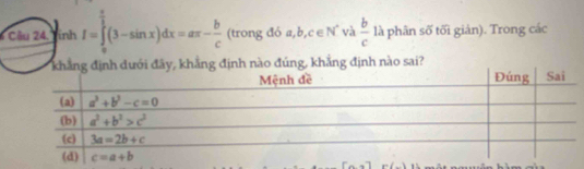 Cầu 24. Tính I=∈tlimits _(π)^(frac π)2(3-sin x)dx=aπ - b/c  (trong đó a,b,c∈ N^* và  b/c  là phân số tối giản). Trong các
khẳng địdưới đây, khẳng định nào đúng, khẳng định nào sai?