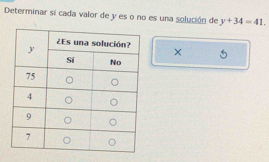 Determinar si cada valor de y es o no es una solución de y+34=41. 
× 
5