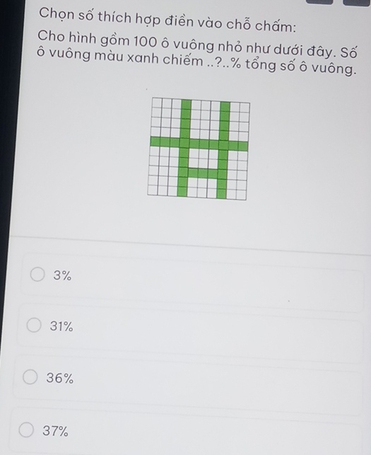 Chọn số thích hợp điền vào chỗ chấm:
Cho hình gồm 100 ô vuông nhỏ như dưới đây. Số
ô vuông màu xanh chiếm ..?.. % tổng số ô vuông.
3%
31%
36%
37%