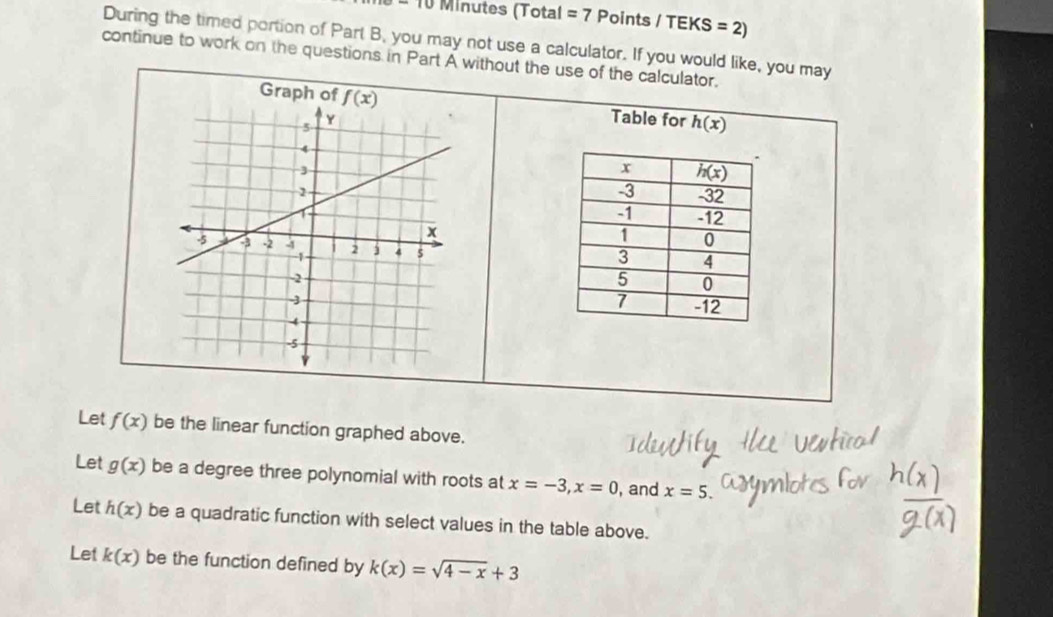 Minutes (Total =7 Points / TEKS =2)
During the timed portion of Part B, you may not use a calculator. If you would like, you may
continue to work on the questions in Part A without the use of the calculator.
Graph of  Table for h(x)

Let f(x) be the linear function graphed above.
Let g(x) be a degree three polynomial with roots at x=-3,x=0 , and x=5.
Let h(x) be a quadratic function with select values in the table above.
Let k(x) be the function defined by k(x)=sqrt(4-x)+3