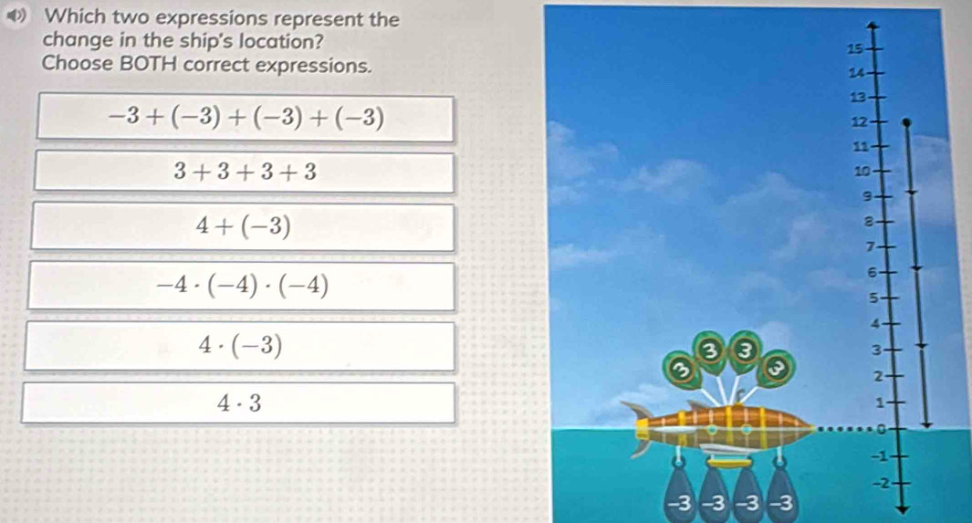 Which two expressions represent the
change in the ship's location?
Choose BOTH correct expressions.
-3+(-3)+(-3)+(-3)
3+3+3+3
4+(-3)
-4· (-4)· (-4)
4· (-3)
4· 3
-3