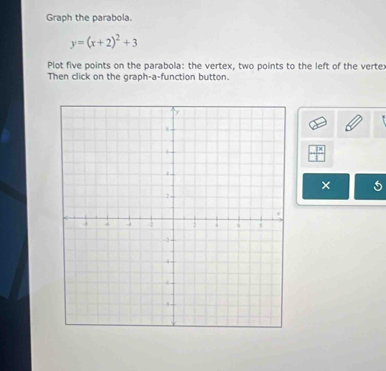 Graph the parabola.
y=(x+2)^2+3
Plot five points on the parabola: the vertex, two points to the left of the vertex 
Then click on the graph-a-function button.
 3x/4 
×