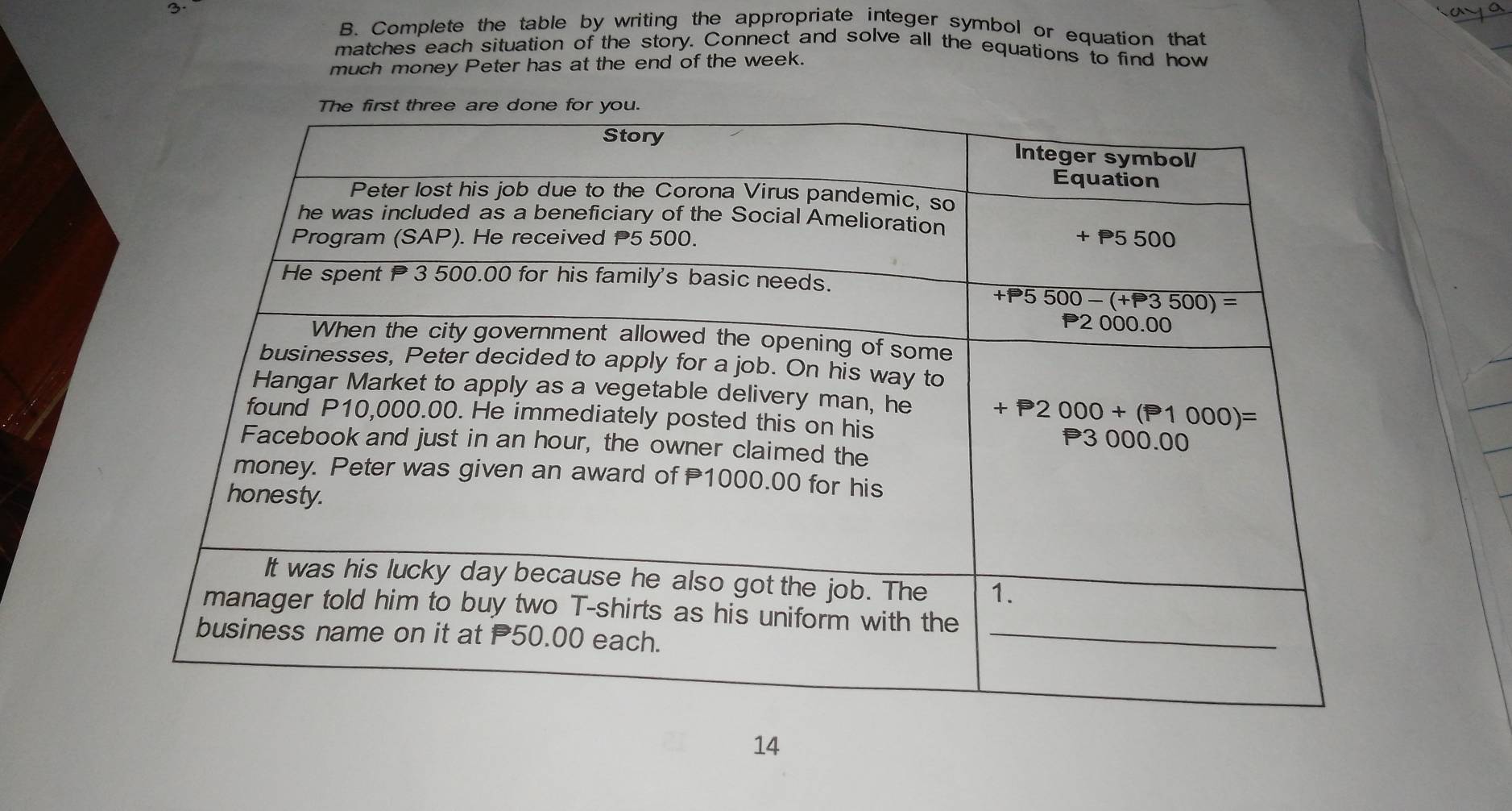 Complete the table by writing the appropriate integer symbol or equation that
matches each situation of the story. Connect and solve all the equations to find how
much money Peter has at the end of the week.
14