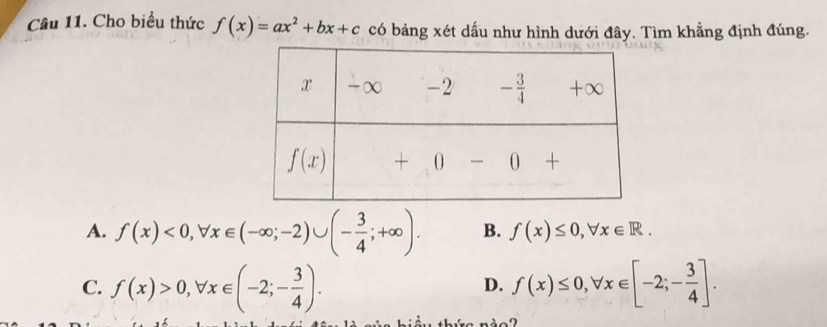 Cho biểu thức f(x)=ax^2+bx+c có bảng xét dấu như hình dưới đây. Tìm khẳng định đúng.
A. f(x)<0,forall x∈ (-∈fty ;-2)∪ (- 3/4 ;+∈fty ). B. f(x)≤ 0,forall x∈ R.
C. f(x)>0,forall x∈ (-2;- 3/4 ). f(x)≤ 0,forall x∈ [-2;- 3/4 ].
D.