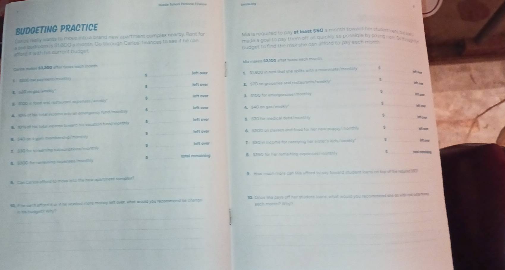 Ndde Sichsal Persanal Finance
BUDGETING PRACTICE
Carlos really wants to move into a brand new apartment complex nearby. Rent for Mia is required to pay at least $50 a month toward her student lowes bu ses
x oes bedroom is $1,60i0 a month. Go through Carlos' finances to see if he can made a goal to pay them off as quickly as possible by paying mas Gethoyve
budget to find the max she can afford to pay each month 
afford it with his current budget.
Carlas makes $3,200 after tasas each month Mia makes $2,100 after taxes each month
left over
_
L s2DD car paymentimonthly _1 $1800 in rem that she splits with a roommate/monthly_
 
loft over
_
2 $20 on gas /woekly" _2. $70 on groceries and restaurants/weekly"
5
_
a. $100 in food and restuurant exponses/weeldy" _left over 3. S100 for emergancies/monthly
ही ऊ
el sv
4 195 of his total income into an emergoncy fand / monthly 5
_left over 4. 540 on gas/ weekly
_$
left over की-उनय
A 1Hy off his totul insomeltoward his vasation fund/monthly 5 _5. S70 for medical debt/monthly
s _6. $200 on classes and food for her new puppy/monthly _
left over
_
C 540 on i g/m membersnip/monthly
1 $90 for streaming subscriptions/monthly _left over Z S20 in income for nannying her sister's kids/weekly"
$
 $300 forremaining expenses/monthly _total remaining
B. $250 for her remaiting expenses/ monthly 5 _rotal rensiting
9. How much more can lilia afford to pay toward student loans on top of the reure 
_
_
B. Cas Carios afford to move into the new apartment complex?
t if he dan't afford it or if he warted more money left over, what would you recommend he change 10. Once Mia pays off her student loans, what would you recommend she do with ta seaminy
_
it his buckger? Why? _each month? Why?
_
_
_
_
_
_