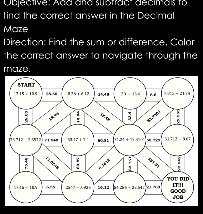 Objective: Add and subtract decimals to
find the correct answer in the Decimal
Maze
Direction: Find the sum or difference. Color
the correct answer to navigate through the
maze.