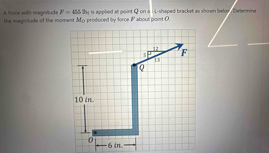 A force with magnitude F=4551b_f is applied at point Q on a i L-shaped bracket as shown belov . Determine 
the magnitude of the moment Mo produced by force F about point O.