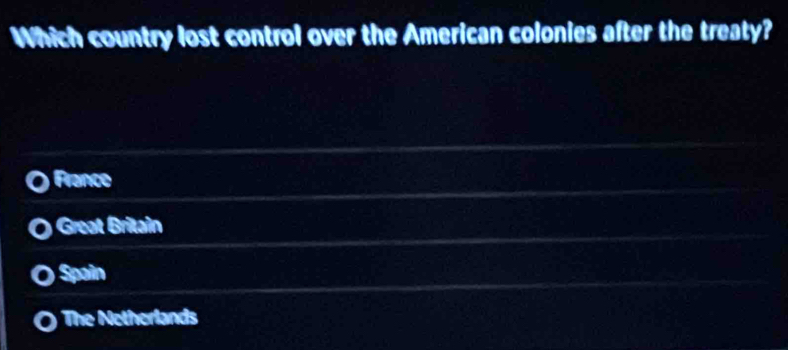 Which country lost control over the American colonies after the treaty?
France
Great Britain
Spain
The Netherlands