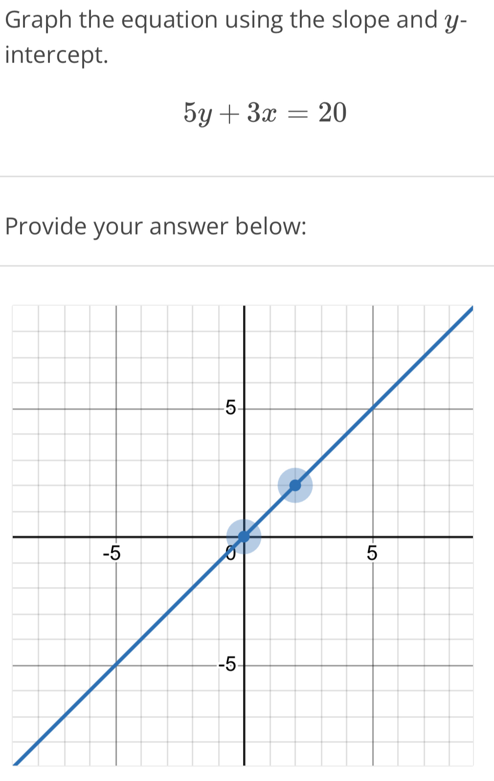 Graph the equation using the slope and y - 
intercept.
5y+3x=20
Provide your answer below: