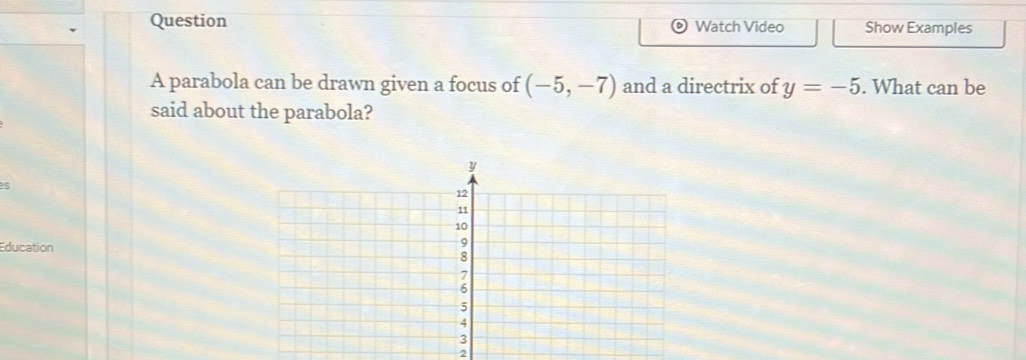 Question Watch Video Show Examples 
A parabola can be drawn given a focus of (-5,-7) and a directrix of y=-5. What can be 
said about the parabola? 
es 
Education 
2