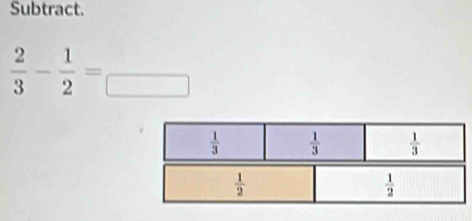 Subtract.
 2/3 - 1/2 =frac 