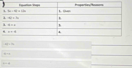 -42=7n
-6=n
a=-6