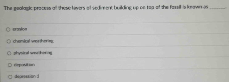 The geologic process of these layers of sediment building up on top of the fossil is known as _.
erosion
chemical weathering
physical weathering
deposition
depression :(