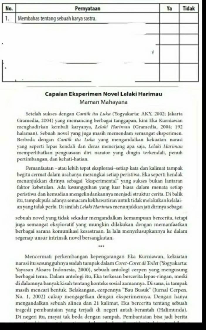 Maman Mahayana
Setelah sukses dengan Cantik itu Luka (Yogyakarta: AKY, 2002; Jakarta
Gramedia, 2004) yang memancing berbagai tanggapan, kini Eka Kurniawan
menghadirkan kembali karyanya, Lelaki Harimau (Gramedia, 2004; 192
halaman). Sebuah novel yang juga masih memendam semangat eksperimen.
Berbeda dengan Cantik itu Luka yang mengandalkan kekuatan narasi
yang seperti lepas kendali dan deras menerjang apa saja, Lelaki Harimau
memperlihatkan penguasaan diri narator yang dingin terkendali, penuh
pertimbangan, dan kehati-hatian.
Pemanfaatan -atau lebih tepat eksplorasi-setiap kata dan kalimat tampak
begitu cermat dalam usahanya merangkai setiap peristiwa. Eka seperti hendak
menunjukkan dirinya sebagai ''eksperimental'' yang sukses bukan Iantaran
faktor kebetulan. Ada kesungguhan yang luar biasa dalam menata setiap
peristiwa dan kemudian mengelindankannya menjadi struktur cerita. Di balik
itu, tampak pula adanya semacam kekhawatiran untuk tidak melakukan kelalai-
an yang tidak perlu. Di sinilah Lelaki Harimau menunjukkan jati dirinya sebagai
sebuah novel yang tidak sekadar mengandalkan kemampuan bercerita, tetapi
juga semangat eksploratif yang mungkin dilakukan dengan memanfaatkan
berbagai sarana komunikasi kesastraan. Ia lalu menyclusupkannya ke dalam
segenap unsur intrinsik novel bersangkutan.
Mencermati perkembangan kepengarangan Eka Kurniawan, kekuatan
narasi itu sesungguhnya sudah tampak dalam Coret-Coret di Toilet (Yogyakarta:
Yayasan Aksara Indonesia, 2000), sebuah antologi cerpen yang mengusung
berbagai tema. Dalam antologi itu, Eka terkesan bercerita lepas-ringan, meski
di dalamnya banyak kisah tentang konteks sosial zamannya. Di sana, ia tampak
masih mencari bentuk. Belakangan, cerpennya ''Bau Busuk'' (Jurnal Cerpen,
No. 1, 2002) cukup mengagetkan dengan eksperimennya. Dengan hanya
mengandalkan sebuah alinea dan 21 kalimat, Eka bercerita tentang sebuah
tragedi pembantaian yang terjadi di negeri antah-berantah (Halimunda).
Di negeri itu, mayat tak beda dengan sampah. Pembantaian bisa jadi berita