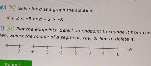 Solve for d and graph the solution.
d+2 or d-2≥ -8
) Plot the endpoints. Select an endpoint to change it from clos 
ben. Select the middle of a segment, ray, or line to delete it. 
Submit