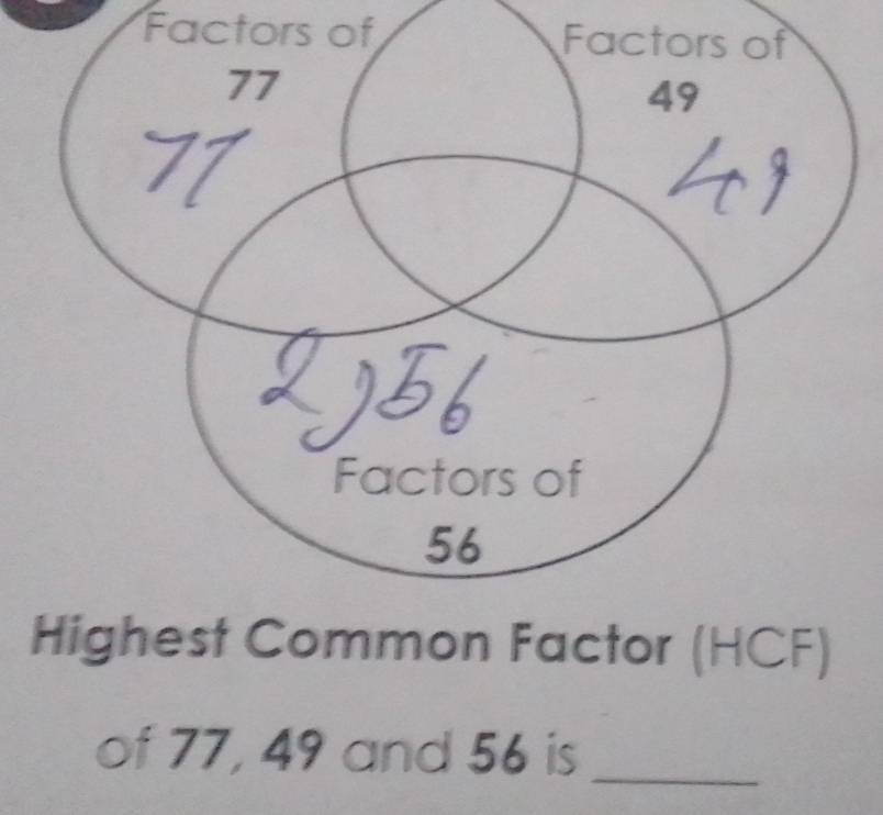 Factors of 
on Factor (HCF) 
of 77, 49 and 56 is_