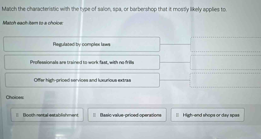 Match the characteristic with the type of salon, spa, or barbershop that it mostly likely applies to.
Match each item to a choice:
Regulated by complex laws
Professionals are trained to work fast, with no frills
Offer high-priced services and luxurious extras
Choices:
Booth rental establishment Basic value-priced operations High-end shops or day spas