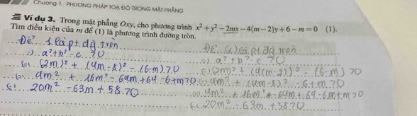 Chương 1. PHƯƠNG PHÁP TOA Độ TRONG MặT PHẳNG 
Ví dụ 3. Trong mặt phẳng Oxy, cho phương trình x^2+y^2-2mx-4(m-2)y+6-m=0 (1). 
Tìm điều kiện của m để (1) là phương trình đường tròn.