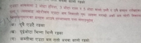 पवी कालो रडको
एउटा बाकसमा 2 ओटा हरिया, 3 ओटा राता र 5 ओटा कालो उसी र ज्ष बलह राखिएका
छन । त्वसबाट नहैरीकन एडटा बल निकाली पनः त्यसमा नराथी ऑको बल मोरी निकानय
किम्मकनुसारका बलहरू आउने सम्भाव्यता पत्ता लगाउनुहोत् :
(क) हुब एउटै रडका
(ख) दुईओटा भिल्ना भिल्नै रडका
(ग) कम्तीमा एउटा बल रातो अधबा कालो रडको