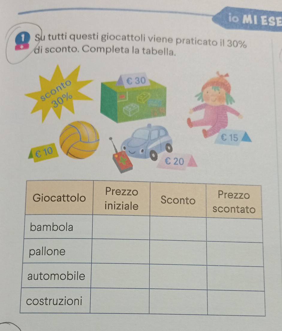 iO MI ESE 
Q Su tutti questi giocattoli viene praticato il 30%
di sconto. Completa la tabella.